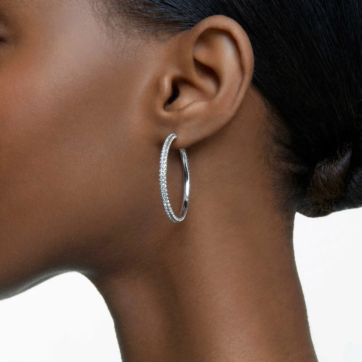 Swarovski Stone Hoop Earrings Pavé Large White Rhodium Plated 5389432 – view 5