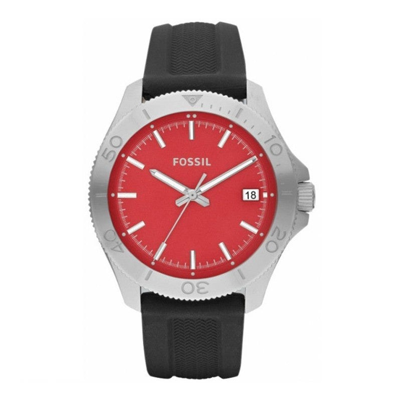 Fossil AM4445 Round Red Dial Silicone Black Band Sporty Men's Watch