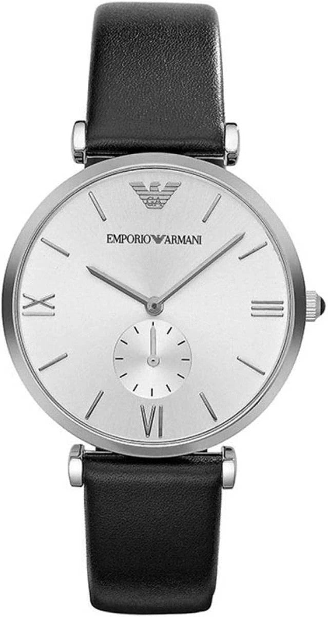 Emporio Armani AR1674 Retro Analog Quartz Silver Dial Black Leather Strap Men's Watch
