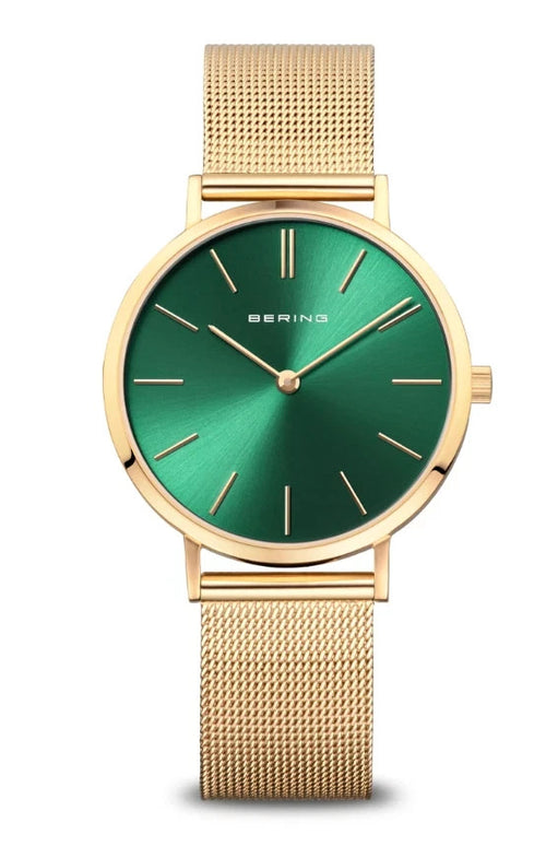 Bering Sapphire Crystal Green Dial Gold Tone Mesh Band 14134-338 Unisex Watch
