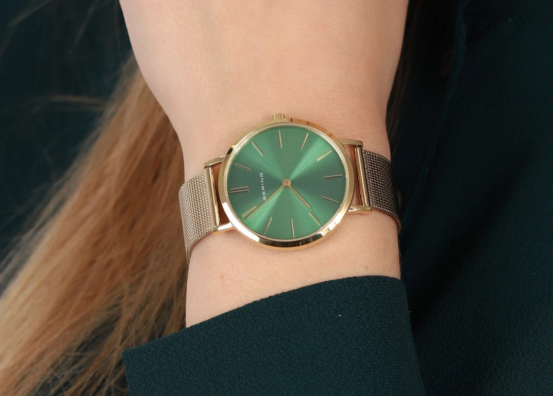 Bering Sapphire Crystal Green Dial Gold Tone Mesh Band 14134-338 Unisex Watch – view 2