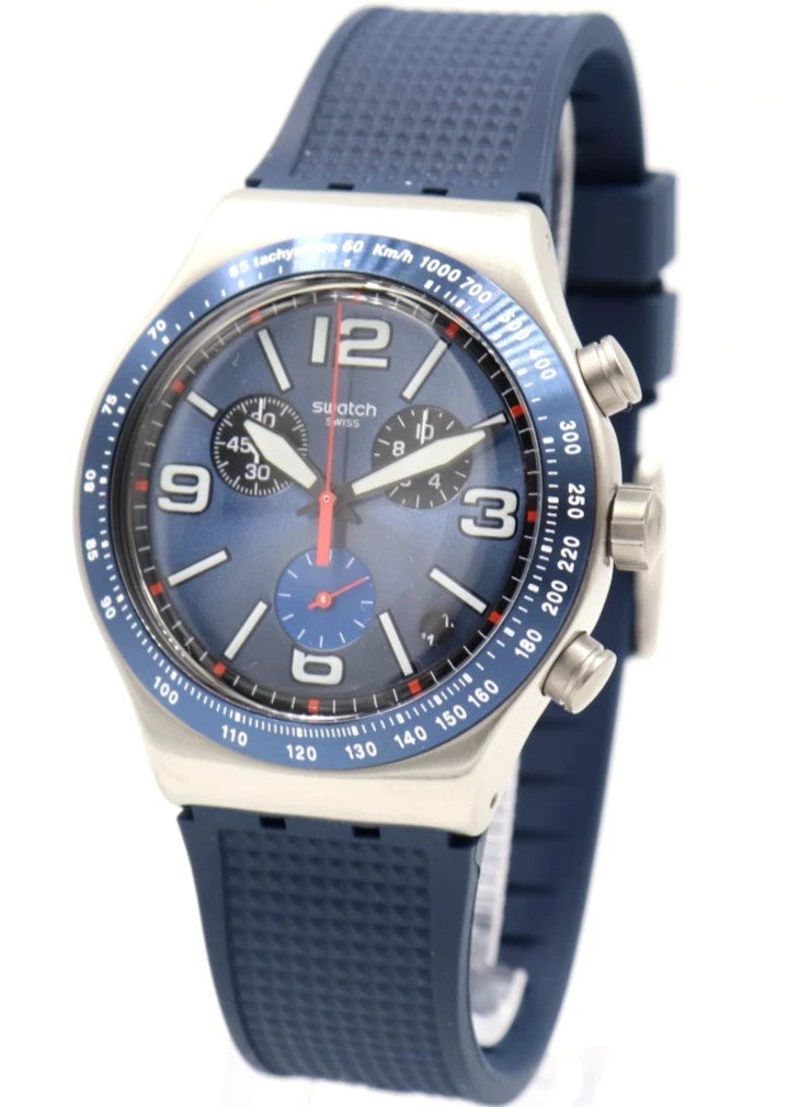 Swatch Swiss Irony Blue Grid Chrono Silicone Date 44mm YVS454 Men's Watch
